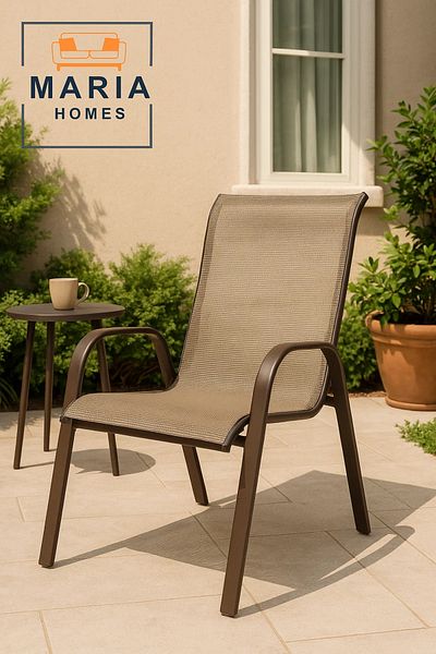 MARIA HOMES Mesh Outdoor Armchair with Brown Frame – Breathable Patio Chair for Garden, Balcony, or Café