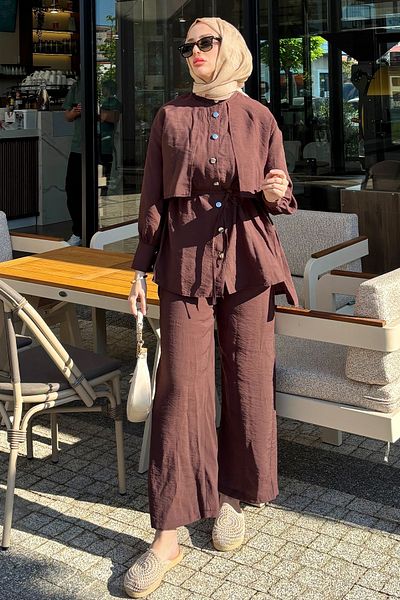 Tesettür Diyarı Women's Summer Fabric Shirt Pants Relaxed Fit Set - Brown