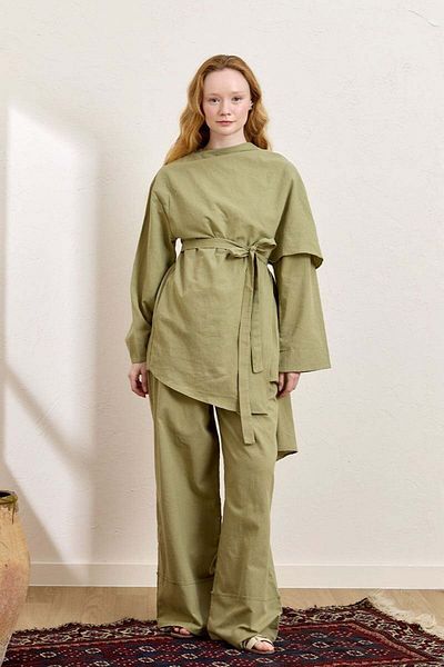 Ceylan Otantik Khaki Organic Linen Shawl Detail Tunic & Double Leg Trousers Set