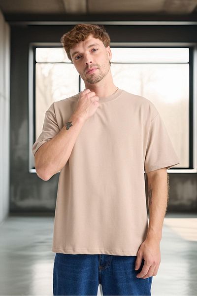 Valiberta Two Thread Fabric Cotton Crew Neck Basic Oversize Men's T-Shirt - Sand Beige