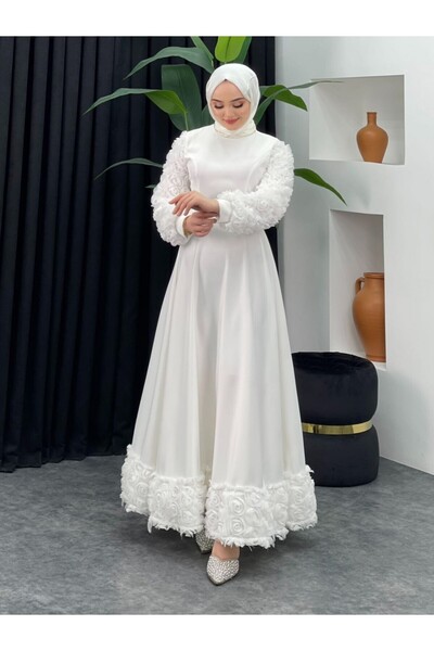 Modamorfo Satin Evening Dress with Rose Detail on Skirt and Sleeves - White