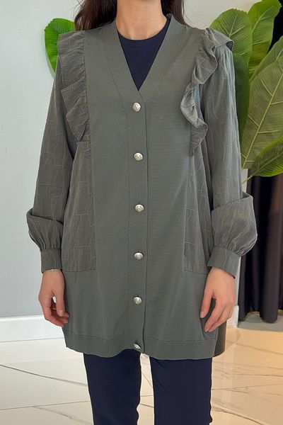 Nuss Ruffle Detail Buttoned Cardigan 6051 Khaki