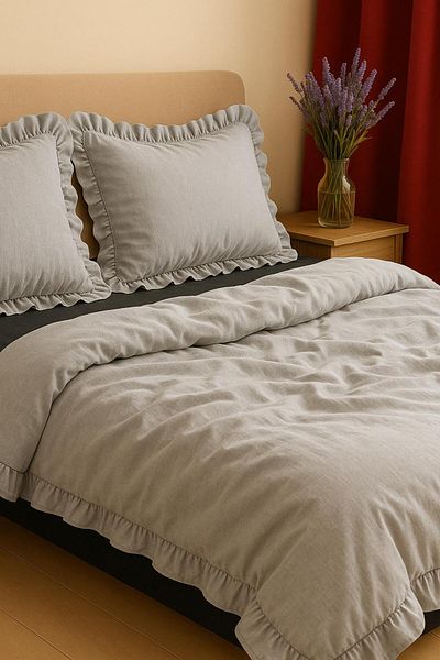 GARDEN ROOM Ruffled Duvet Cover Set Double Size Gray Cotton