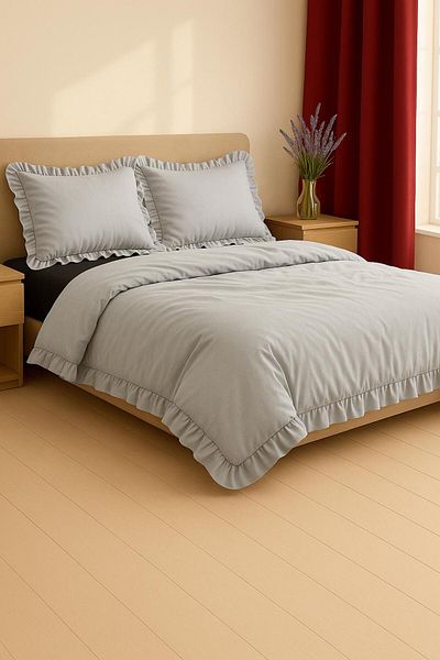 GARDEN ROOM Ruffled Duvet Cover Set Double Size Gray Cotton