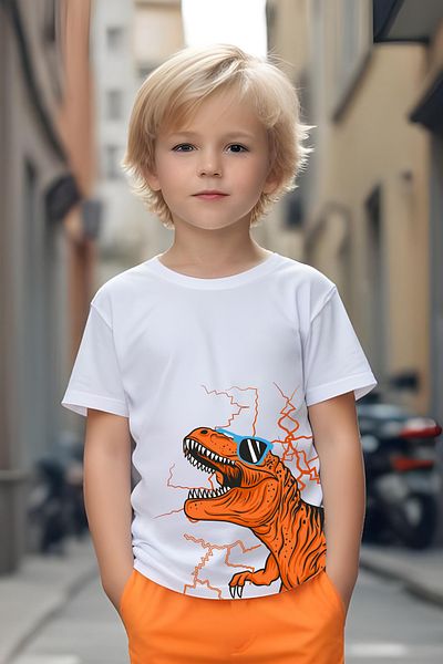 FYK KİDS Boy's Glasses Dinosaur Printed Top and Bottom Set