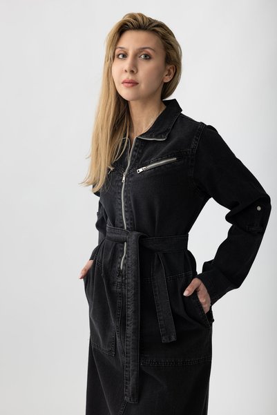Suede Style 5363 - Rochie de damă, confortabilă, elegantă, casual, din denim, cu centură, buzunare și detaliu cu fermoar