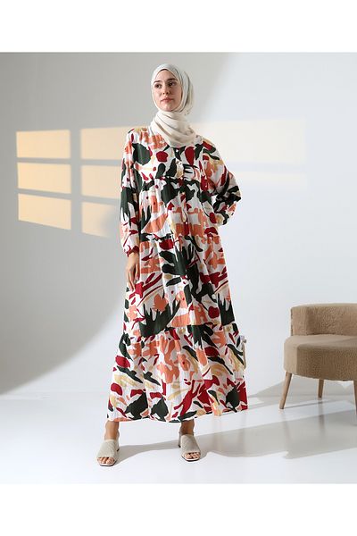 Mihran Butik Women's 100% Cotton Viscose Patterned Orange Hijab Dress