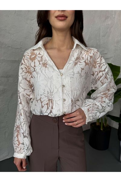 Elif Özbey Butik Cămașă transparentă florală albă