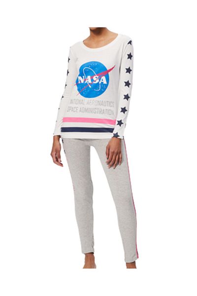 Nasa Women's long-sleeved pajamas, white/gray, 100% cotton, size L, NASA