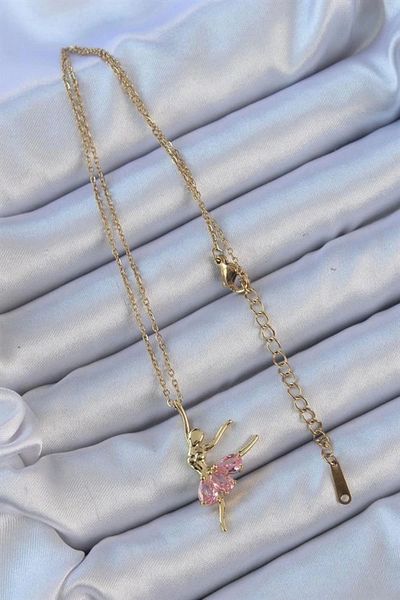 Clariss 316L Steel Chain Gold Color Pink Zircon Stone Ballerina Necklace