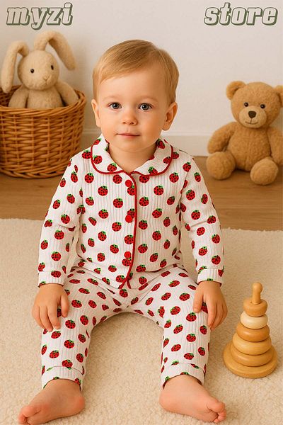 MYZİ STORE Newborn Baby Kids Strawberry Patterned 100% Cotton Pajama Set