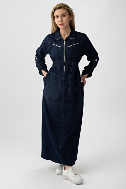 Suede Style 5363 - З поясом, кишенями, блискавкою, деталізований денім, зручний, стильний, повсякденний жіночий сукня в повний зріст