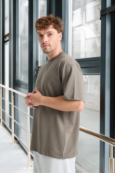 Valiberta Ανδρικό μπλουζάκι με δύο νήματα από βαμβακερό λαιμόκοψη Basic Oversize - Κάπαρι