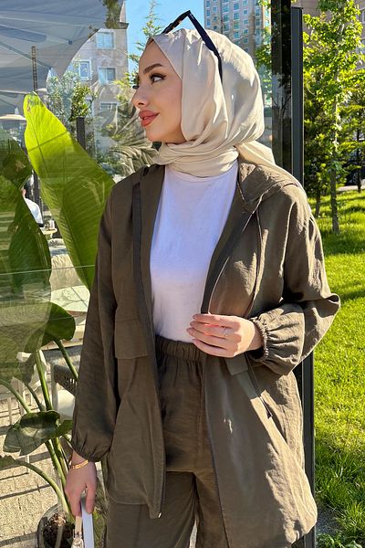 Tesettür Diyarı Women's Summer Fabric Zippered Sports Suit-Khaki