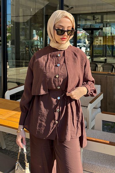 Tesettür Diyarı Women's Summer Fabric Shirt Pants Relaxed Fit Set - Brown