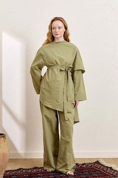 Ceylan Otantik Khaki Organic Linen Shawl Detail Tunic & Double Leg Trousers Set