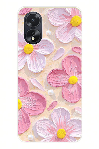 TechTree OPPO A38 Uyumlu Pembe Beyaz Çiçekler Sulu Boya Şeffaf Silikon Kılıf