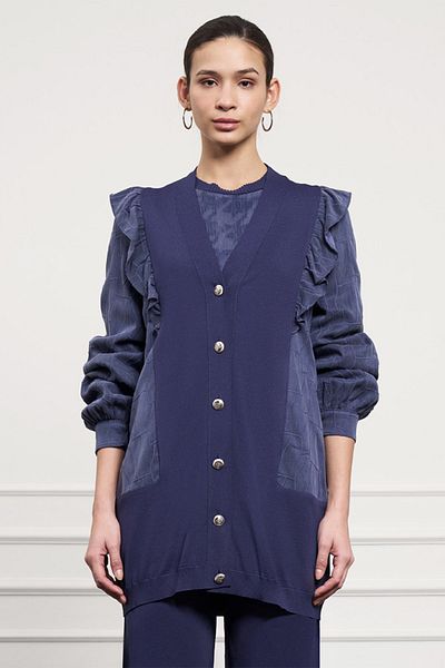 Nuss Ruffle Detail Buttoned Cardigan 6051 Navy Blue