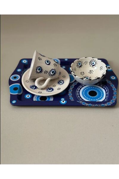 Den Tasarım Hediyelik Nazar Boncuk Temalı Kahve Fincanı-lokumluk-tepsi / 3 Lü Set
