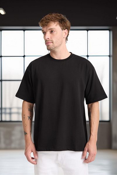 Valiberta Two Thread Fabric Cotton Crew Neck Basic Oversize Men's T-Shirt - Black