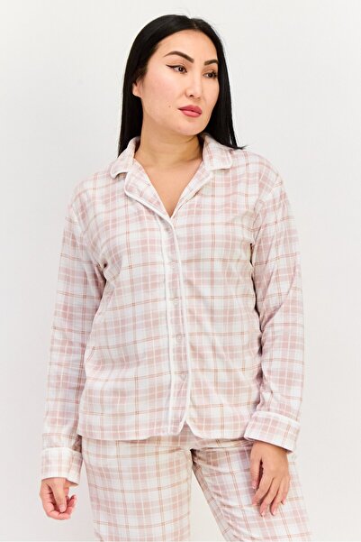 Anne Klein Women 2 Pieces Checkered Top And Pajama Set, Ivory