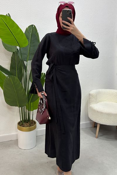 Tesettür Diyarı Γυναικεία ρούχα Hijab - Σετ φούστα και πουκάμισα δεμένα στο πλάι, ύφασμα Melage, Μαύρο
