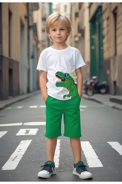 FYK KİDS Boy's Glasses Dinosaur Printed Top and Bottom Set