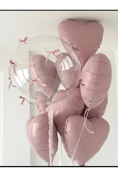 Çemrek Süs Parti Bow Transparent Bobo Balloon and Powder Heart Foil Balloon Set of 10