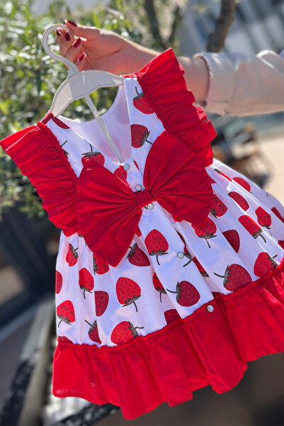 Bertuğ Bebek Fırfır ve Fiyonk Detaylı Pamuklu Kız Çocuk Bebek Çilek Elbise