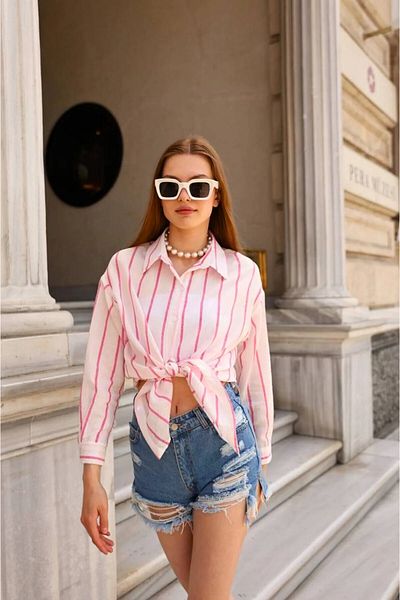 Modark Γυναικείο Κόκκινο Ριγέ Oversize Λευκό Πουκάμισο