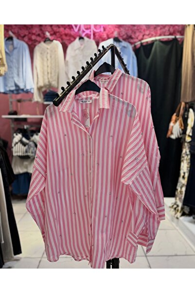 VİYA Taş Detaylı Pembe Çizgili Tunik / Gömlek