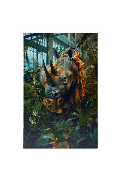 StoryGift Romania Canvas Print Yellow Collar on the Neck of a Rhinoceros - Giant Rhinoceros in the Middle of the Plants in the Garden