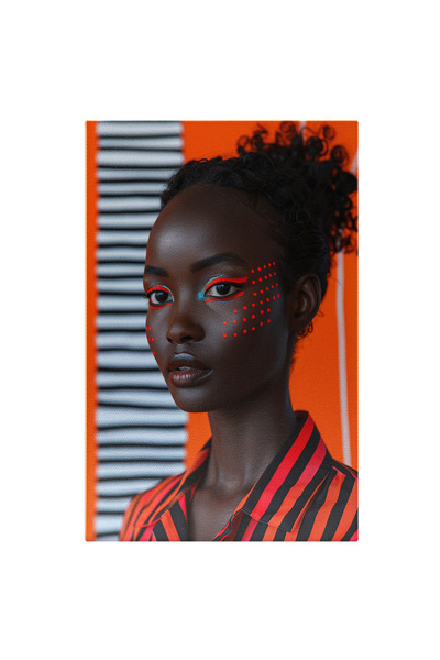 StoryGift Romania Tablou Canvas Machiaj cu Puncte Corai Negresa în Cămașă cu Dungi Cromatice Modernism , Pictura