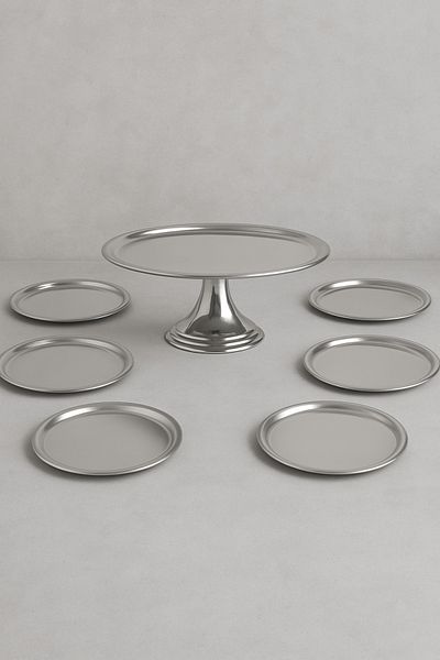 Mirilliahome 7 Piece Silver Plate Set, Pedestal Presentation Stand – Cake and Breakfast Plate - Dowry Serving Set