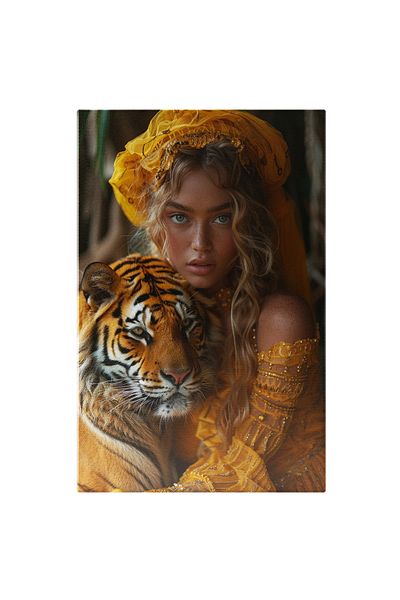 StoryGift Romania Canvas Painting Love of Tigers, Girl with Yellow Scarf and Pearl Dress with Blue Eyes t