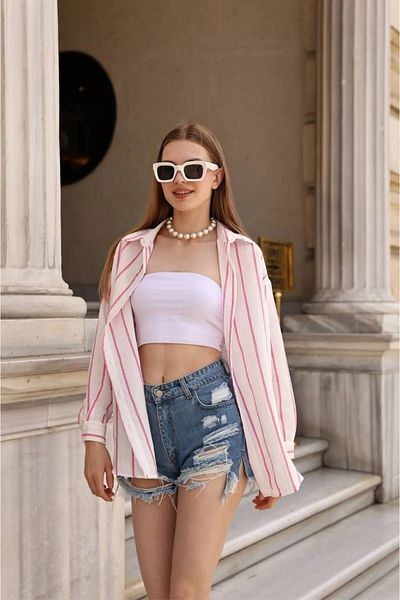 Modark Γυναικείο Κόκκινο Ριγέ Oversize Λευκό Πουκάμισο