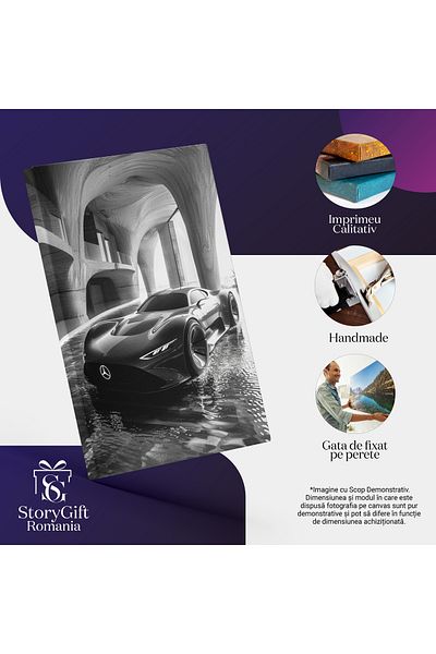 StoryGift Romania Canvas Painting 70 x 50CM Black and White Luxury Mercedes Sports Car in a Puddle of Water, STG
