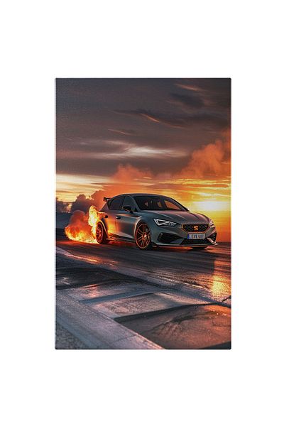 StoryGift Romania Canvas Print Grey Seat Leon Car with Fire in the Back Stopped on the Street, Car on Fire, Car on Fire