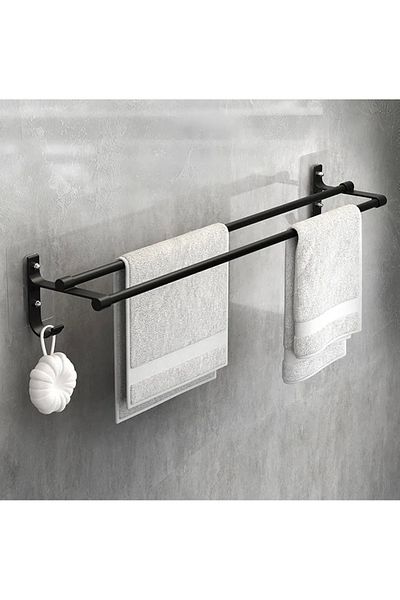 OEM Suport din aluminiu pentru 2 prosoape + 2 cuiere, lungime 60 cm, culoare Neagra