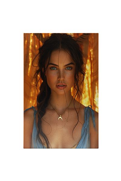StoryGift Romania Tablou Canvas: Femeie Șatenă cu Ochi Albaștri, Rochie Decoltată și Lănțișor cu Semi Lună- Frum