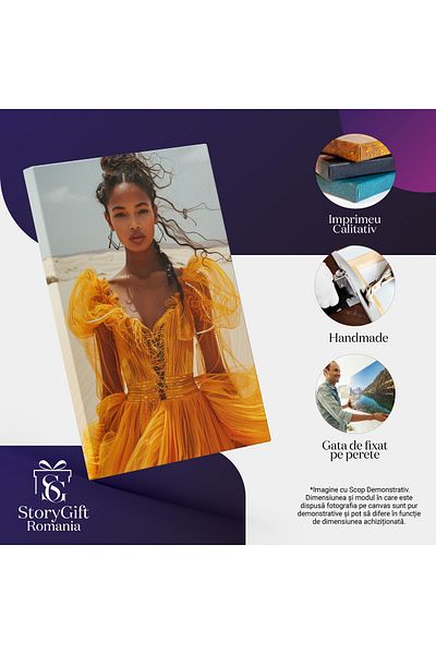 StoryGift Romania Tablou Canvas Bucle Burnete Suflate De Vânt Pe Model Feminin - Rochie Galbenă Pe Trupul Unei Fe
