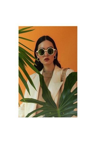StoryGift Romania Canvas Print Green leaf covering girl dressed in white and beige - round glasses, background po
