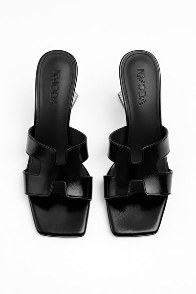 StWenn Women's Black Patent Leather Transparent Heeled Slippers – Thick Heeled, Summer, Stylish Model