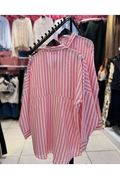 VİYA Taş Detaylı Pembe Çizgili Tunik / Gömlek