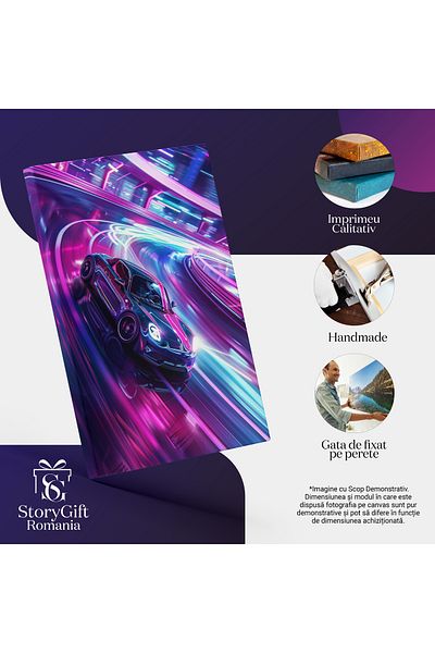 StoryGift Romania Tablou Canvas Instantanee Mașină Cu Viteză În Timpul Unei Curse- Lumini Roz Și Albastre Tematic