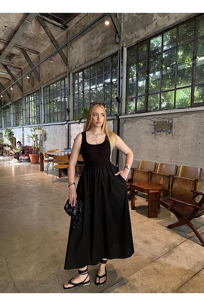 FİOXCO Lorane Black Top Modal Bottom Poplin Pocket Elastic Waist Midi Length Strap Princess Dress