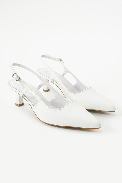 Pazzyonez Women's White Short Heeled Pointed Toe Open Heel Classic Heeled Shoes