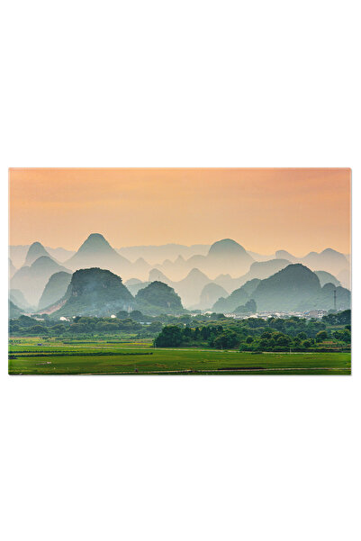 StoryGift Romania Tablou Canvas: Peisaj rural asiatic, munti si campii agrico...