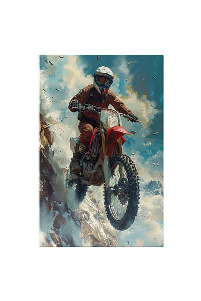 StoryGift Romania Canvas Print Male Motorcyclist in Red Suit with Helmet on Head on a Rock with Slippery Snow