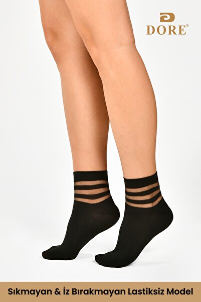 Dore Original Women's 2 Pairs Premium Quality Patterned Tulle Socks with Stripe Special Design Socket Model Socks